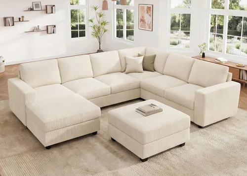 Vista 14 de HONBAY Sofá modular de pana con almacenamiento, sofá en forma de U con diván, sofá modular de 7 plazas para sala de estar, color beige