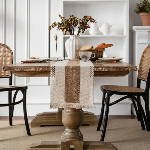 Vista 5 de 7 caminos de mesa bohemios y manteles individuales redondos bohemios entretejidos de macramé con borlas, decoración de comedor de granja