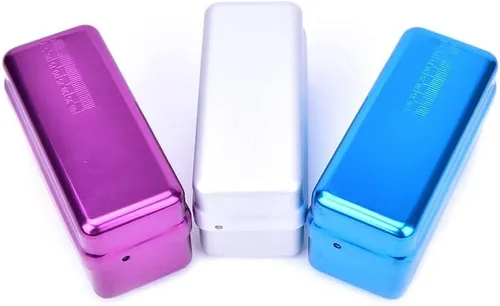 Vista 2 de Endo Files - Caja de aluminio para desinfección esterilizante, estuche organizador de soporte para broas, caja organizadora de 72 agujeros (morado)