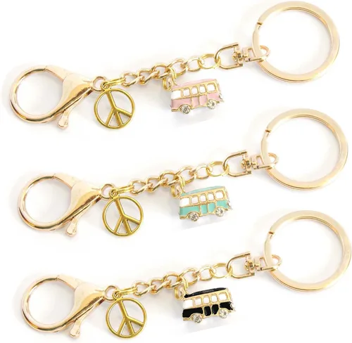 Vista 10 de Camper Van Keychain - RV Camping Caravan & Gold Peace Sign Charms - RV Accessories - Handmade