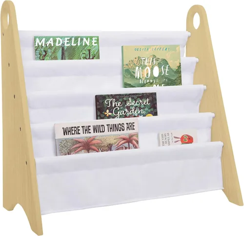 Vista 9 de Wildkin Estantería para niños, almacenamiento moderno de madera con 4 estantes y asas de tela, organizador para el hogar o el aula, gris y blanco