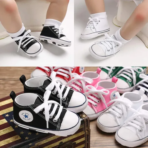 Vista 2 de KIDSUN - Zapatos deportivos unisex de caña alta para bebés, mezclilla de lona, suela antideslizante, suaves, para los primeros pasos