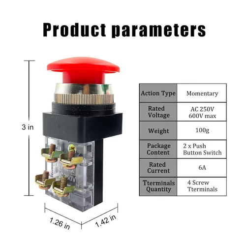 Vista 5 de AC 250V 6A 1NO 1NC DPST Interruptor de botón de cabeza de hongo momentánea (verde 1 unidad, rojo, 1 unidad)