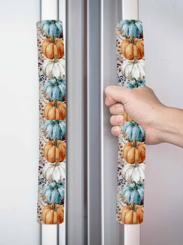 Vista 8 de Juego de 2 fundas de arpillera otoñal para manijas de puerta de refrigerador, para lavavajillas, microondas, horno, nevera, estufa