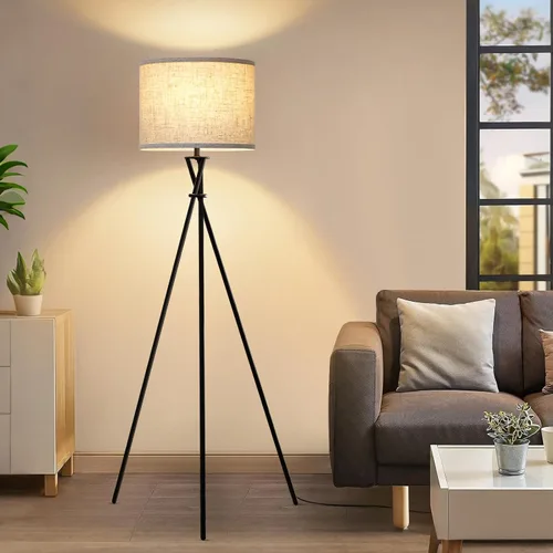 Vista 9 de Lámpara de pie para sala de estar, 61 pulgadas, moderna lámpara de pie trípode con pantalla blanca e interruptor giratorio, lámpara de pie negra
