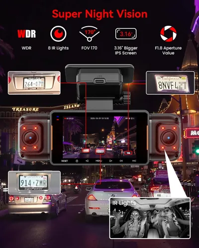 Vista 4 de Cámara de tablero N5 PRO 4K de 4 canales, vista panorámica de 360°, trasera e interior de 1080P, WiFi 5G 6 - hasta 10MB/s, GPS integrado, visión