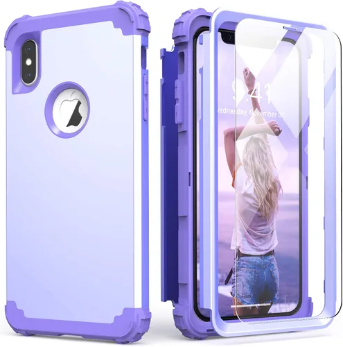 Vista 15 de IDweel Funda para iPhone Xs Max con protector de pantalla de vidrio templado, absorción de golpes 3 en 1, protección resistente, cubierta de Negro