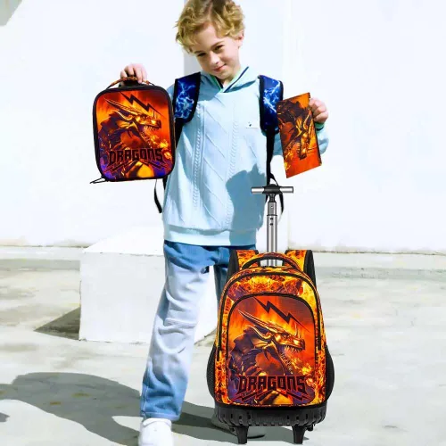 Vista 2 de ZLYERT Mochila con ruedas para mujeres y hombres, mochila con ruedas para niñas y niños, mochila de viaje para adultos, Gragon de Fuego
