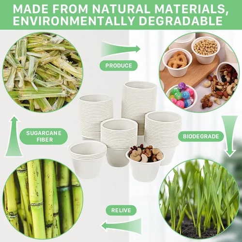 Vista 4 de Paquete de 100 tazas compostables para porciones, tazas de condimento de 2 onzas, tazas de soufflé 100% biodegradables, vasos de papel desechables