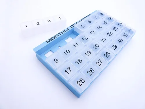 Vista 4 de Organizador de pastillas mensual 31 compartimentos, 1 por día, 4 semanas, organizador de pastillas completo de 31 días Incluye bandeja y 8