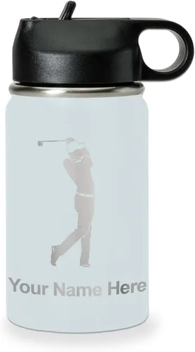 Vista 65 de LaserGram Botella de agua personalizada, golfista de golf, acero inoxidable de doble pared aislada al vacío con popote superior, regalo grabado Negro