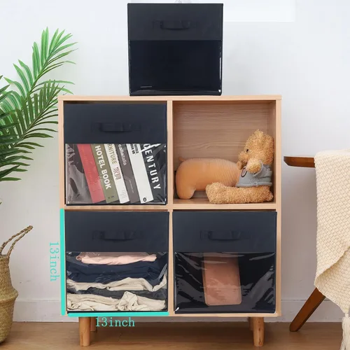 Vista 5 de Paquete de 4 cubos de almacenamiento con ventana transparente, cajas grandes con asas, organizador de armario de tela, 13 x 13 x 13 pulgadas