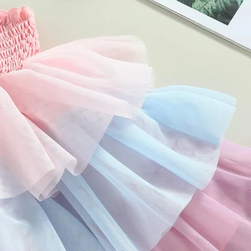 Vista 4 de Vestido sin mangas para bebé niña, vestido de tul esponjoso, falda tutú en capas, vestido de verano para niños