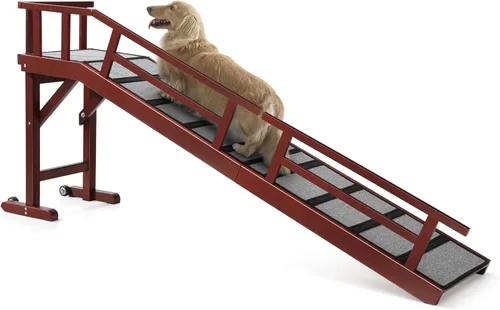 Vista 11 de Rampa para perros para cama o sofá, rampa de madera para mascotas con pendiente suave de 20°, rieles laterales extraíbles, superficie