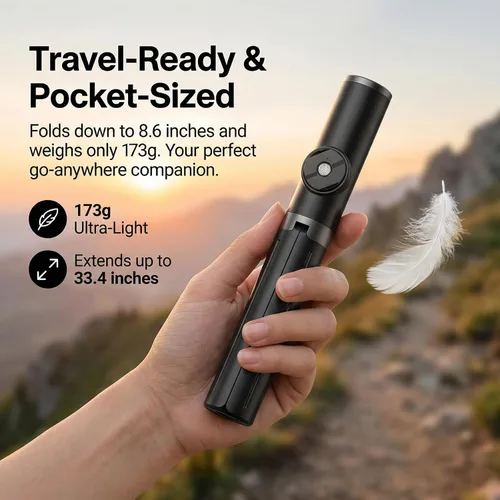 Vista 4 de Trípode para selfie stick portátil, extensible para teléfono celular, con mini anillo desmontable, trípode para teléfono con control remoto Negro