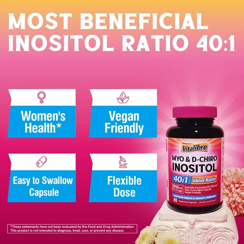 Vista 4 de Vitalibre Suplemento de inositol, Myo-Inositol y D-Chiro Inositol Suplementos para Mujeres, Proporción Ideal 40:1, Equilibrio Hormonal y Bienestar