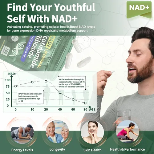 Vista 4 de Suplementos NAD para mujeres y hombres, ribósido liposomal de nicotinamida 900 mg, suplemento de resveratrol NAD, quercetina, suplemento NAD+