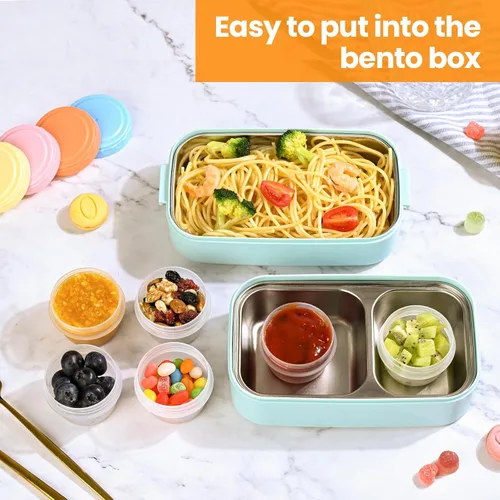 Vista 3 de RXRRXR Paquete de 12 Recipientes para Aderezo de Ensalada Para Llevar de 2.7 oz Condimentos Pequeños con Tapas Reutilizables Sin BPA A Prueba