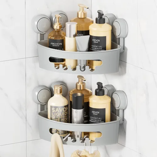 Vista 12 de LEVERLOC Organizador esquinero para ducha con ventosa, cesta de ducha potente con ventosa, organizador impermeable y resistente al óxido