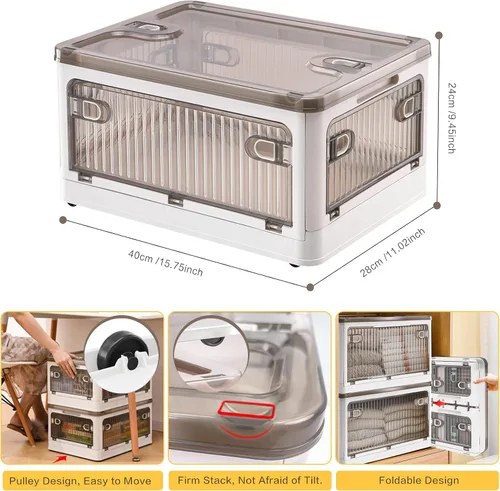 Vista 8 de DILIBRA Contenedores de almacenamiento de plástico de 28 litros con tapas, paquete de 2 contenedores apilables con ruedas y 4 puertas, cajas