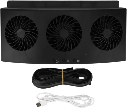 Vista 7 de FOUF Ventilador de coche, 3 ventiladores, 2 niveles, alimentado por energía solar, bajo ruido, buena disipación de calor, alimentado por USB, negro