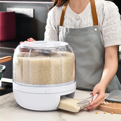 Vista 7 de Juego de 3 recipientes de almacenamiento de arroz y granos, plástico duradero y libre, dispensador giratorio de 360 grados con tapa extraíble