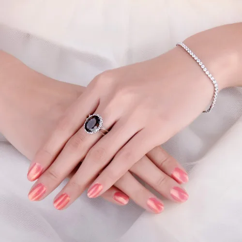 Vista 4 de JewelryPalace Anillos de cóctel ovalados enormes de cuarzo ahumado genuino de 5.7 quilates para ella, anillo de plata de ley 925 chapado en oro