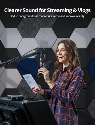 Vista 6 de Paneles de pared acústicos hexagonales autoadhesivos, paquete de 12 azulejos absorbentes de sonido para paredes y puertas, panel interior decorativo