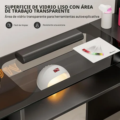 Vista 4 de Mesa de manicura en forma de L con estantes, estación de mesa de uñas con parte superior de cristal, resistente a acetona, con cajones de Negro