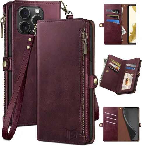 Vista 14 de XcaseBar Funda tipo cartera para iPhone 14 Pro de 6.1 pulgadas con bloqueo RFID, soporte para tarjetas de crédito con cremallera, funda de piel