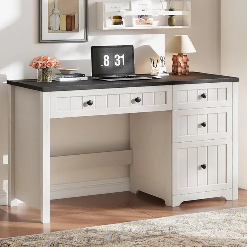 Vista 8 de Halitaa Farmhouse 55.1" Executive Desk with 3 Drawers, Vintage White Antique White