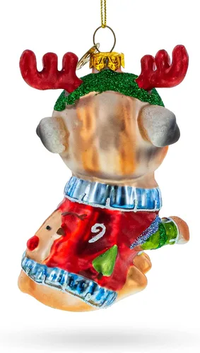 Vista 2 de Pug con cuernos de reno, adorno navideño de vidrio soplado