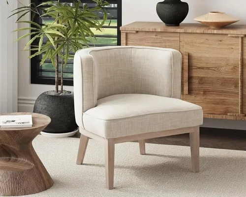 Vista 3 de Silla de barril beige con marco de madera maciza, silla decorativa redonda pequeña, cómoda silla de lino para sala de estar