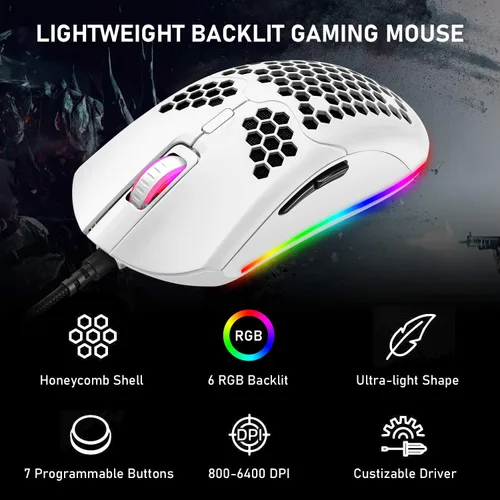 Vista 3 de ZIYOU LANG Ratón ligero para juegos con cable, 6 retroiluminación RGB con 7 botones programables, sensor óptico ajustable de 6400 DPI, compatible