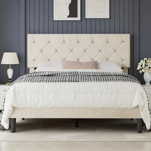 Vista 13 de VECELO Base de cama tamaño individual con plataforma tapizada con cabecera ajustable de botones de diamante, soporte de listones de madera,