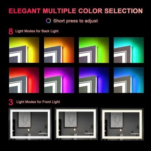 Vista 9 de Snowdool - Espejo LED para baño de 48 x 32 pulgadas con 8 luces RGB retroiluminadas + 3 luces frontales (ajustables individualmente)