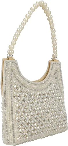 Vista 2 de Bolso de mano de perlas de estilo indio, bolso de mano de noche para mujeres y niñas, Blanco sucio