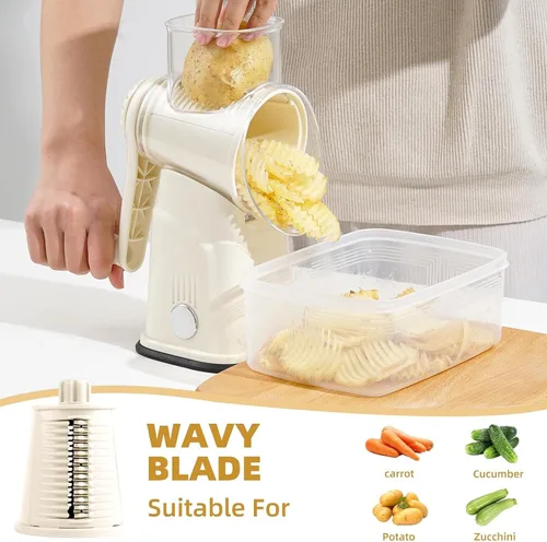 Vista 7 de Rallador rotativo de queso con asa, triturador de verduras con 5 cuchillas reemplazables y base de succión fuerte, rebanador redondo de alimentos