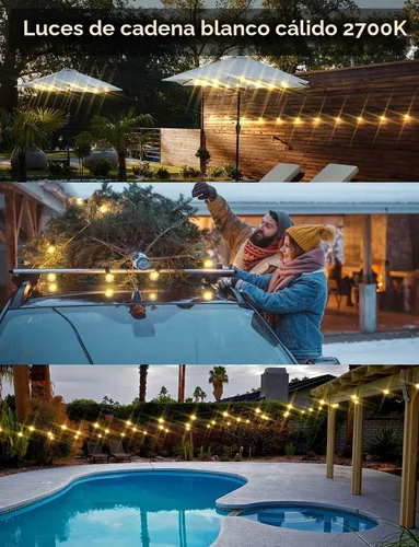 Vista 7 de Cadena de luces para exteriores – Cadena de luces al aire libre, impermeable, de 100 pies, luces LED de color blanco cálido regulables, control