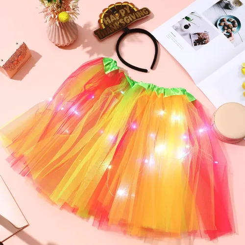 Vista 5 de Suhine Juego de 2 piezas de disfraces de pavo de Acción de Gracias para mujeres y niñas, falda tutú LED para vacaciones, diadema de pavo para trot