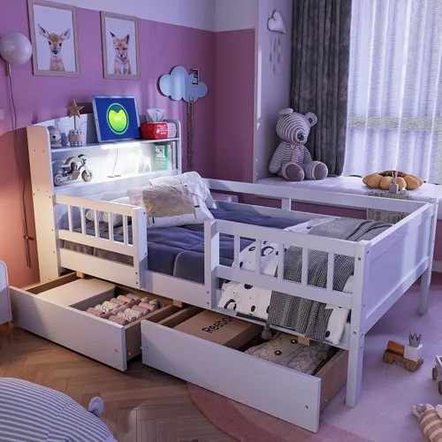 Vista 14 de Cama de plataforma de tamaño individual con cabecera de almacenamiento y luz LED integrada, base de cama de plataforma de madera con barandilla