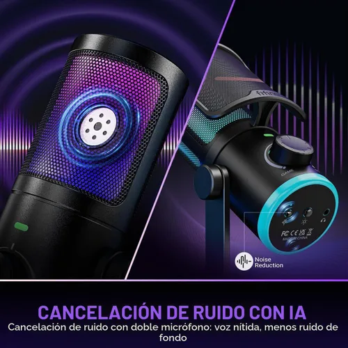 Vista 5 de Micrófono de juego FIFINE para PC, micrófono USB para transmisión con balance de chat de juego, micrófono de escritorio RGB condensador