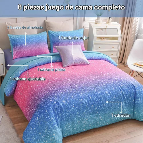 Vista 4 de A Nice Night Juego de ropa de cama de 6 piezas con purpurina degradada para niñas, tamaño completo, juego de edredón colorido de galaxia arcoíris