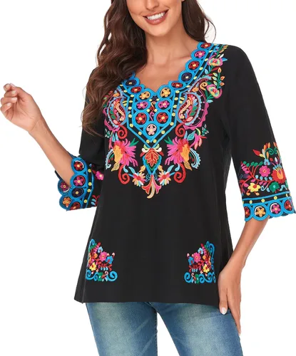 Vista 6 de YZXDORWJ Blusa de verano para mujer, estilo bohemio, estilo mexicano, con bordado bohemio
