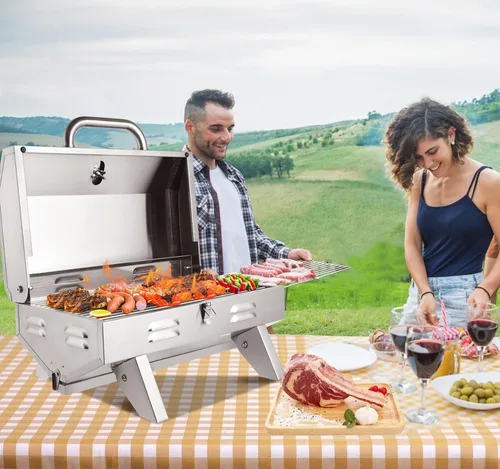 Vista 9 de ROVSUN Parrilla portátil de gas propano de 12,000 BTU, parrilla de cocina al aire libre para picnic, camping, caravana, patio, jardín, barbacoa