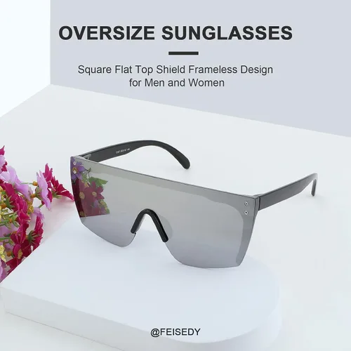 Vista 7 de FEISEDY Gafas de sol sin montura de gran tamaño con espejo para mujeres y hombres con parte superior plana escudo cuadrado UV400 B2761 70mm