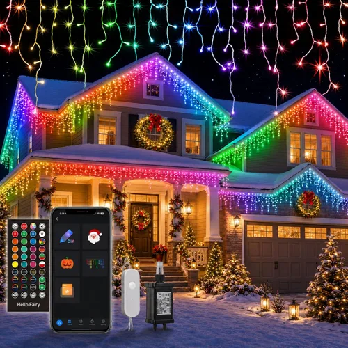 Vista 8 de Luces de carámbanos inteligentes de 16 pies con copo de nieve para exteriores, control de aplicación, cambio de color DIY, 16 gotas, 208 LED, luces