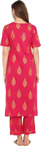 Vista 5 de Janasya Conjunto de túnica de algodón Kurti para mujer (SET025-KR-SP-XL) Rosa, Rosado