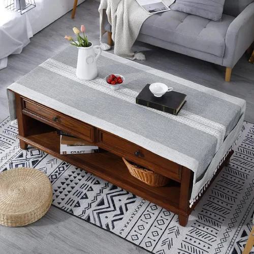 Vista 7 de Mantel rectangular de lino con borlas para mesa de café con bolsillos