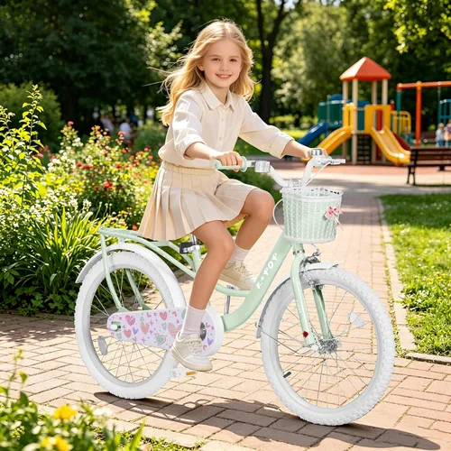 Vista 2 de Bicicleta de 20 pulgadas para niñas con canasta, bicicleta para niños de 7 a 12 años, bicicleta de crucero de playa verde y rosa para niñas, frenos